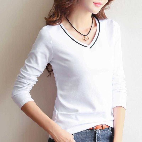

fresh and summer sweet korean pullover long sleeve v-neck slim fit women's cotton t-shirt, White