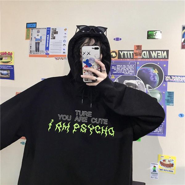 

women's hoodies & sweatshirts winter casual letter print female fashion s-2xl vintage long-sleeved hip-hop loose punk ins harajuku fun, Black