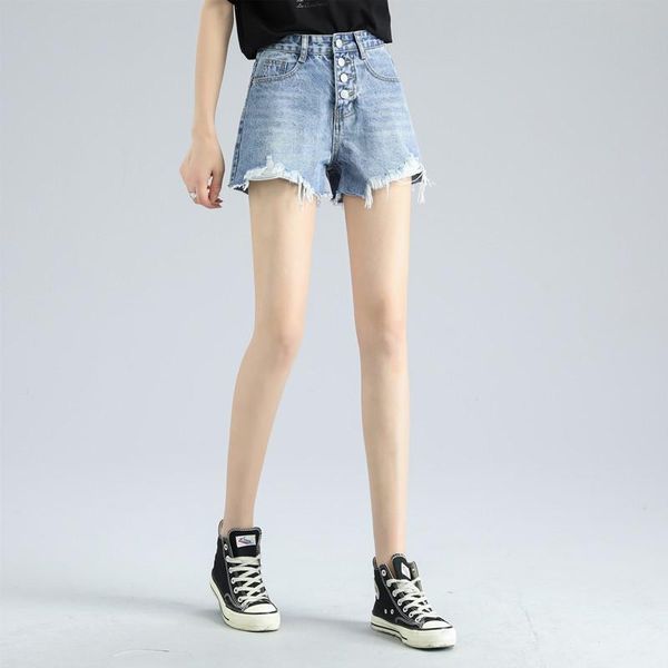 

women's shorts denim 2021 summer loose hole edging wide-leg jeans apear thin a-line korean streetwear ladies clothes, White;black