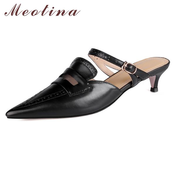 

meotina mid heel women genuine leather pumps buckle pointed toe mules shoes stiletto heels slip on dress footwear ladies beige 210520, Black
