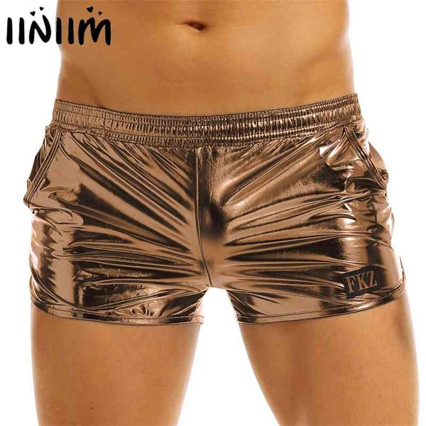 

iiniim mens shiny metallic night club party shorts elastic waistban boxer shorts pouch stage performance clubwear costume trunks 210322, White;black