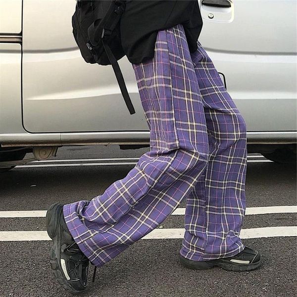 

women's pants & capris harajuku vintage purple plaid women 2021 korean casual pockets jogger elastic waist long trousers female pantalo, Black;white