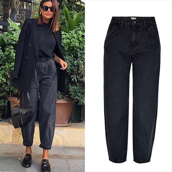 

spring autumn fashion cotton denim women jean high waist black retro harem washed office lady casual female k344, Blue