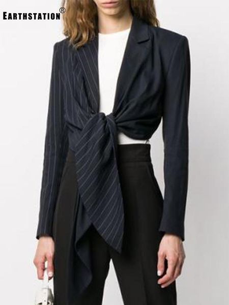 

women's jackets stitching stripes suit collar high waist bandage irregular short coat ladies autumn style personality fashion, Black;brown