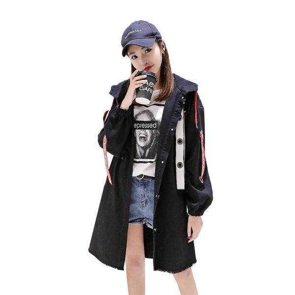 

women's trench coats spring and autumn fashion denim jacket women 2021 korean large size long windbreaker harajuku loose hooded 29, Tan;black