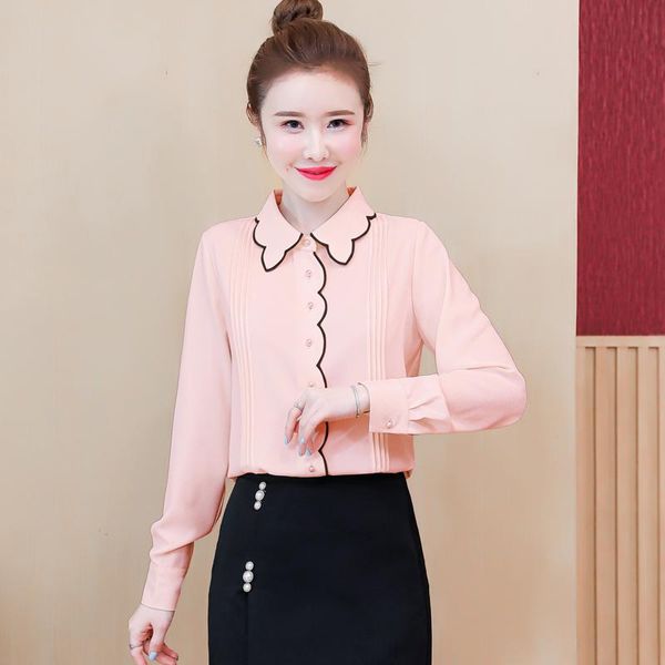 

women's blouses & shirts doll collar chiffon shirt long-sleeved spring 2021 bottoming with edge foreign temperament design sense, White