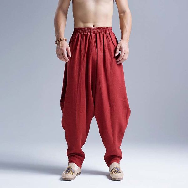 

pants men casual linen cotton trousers hip hop harem pants loose baggy chinese style elastic waist tappered joggers wide leg, Black