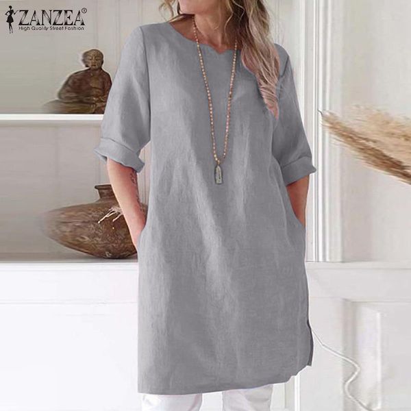 

women's blouses & shirts short sleeve zanzea 2021 stylish summer long casual cotton vestidos female o neck tunic oversized, White