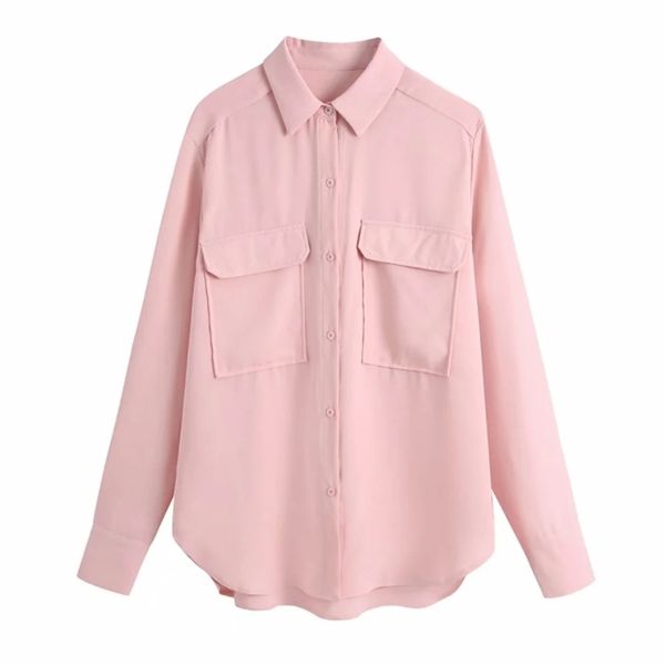 

summer women pocket decoration simple pink shirt female long sleeve blouse casual lady loose blusas s8923 210430, White