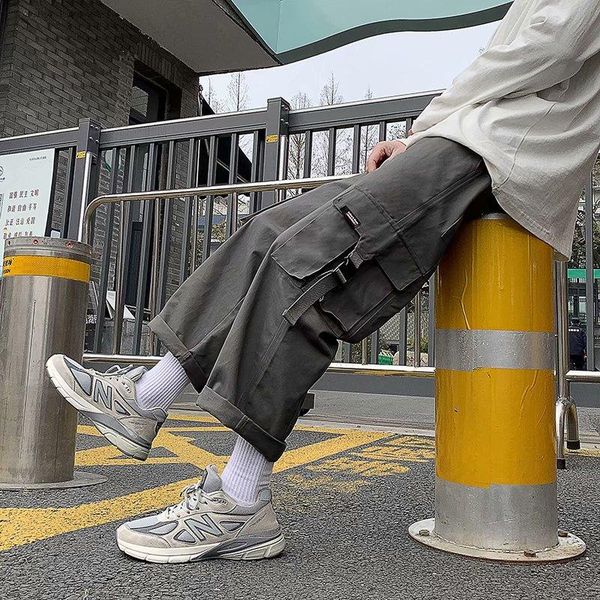 

men's pants loose straight-leg tooling spring korean style trendy wide-leg oversized nine-point sports trousers, Black