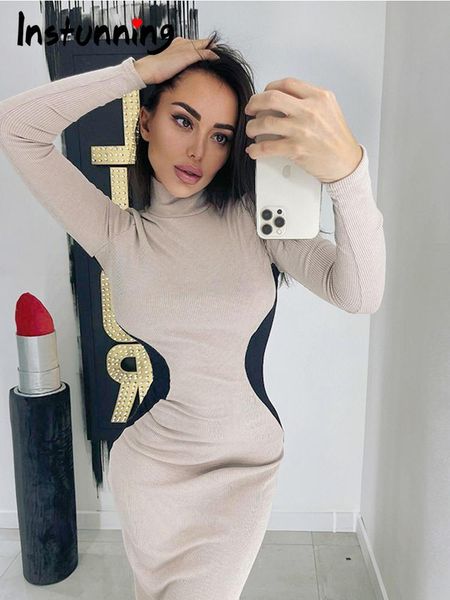 

casual dresses instunning women patchwork turtleneck dress long sleeve autumn 2021 streetwear daily wear elegant female midi, Black;gray