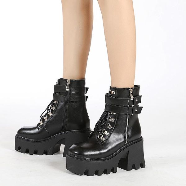 

boots spring and autumn woman cross-tied gothic platform women shoes chunky heel black ankle girls punk style zippe