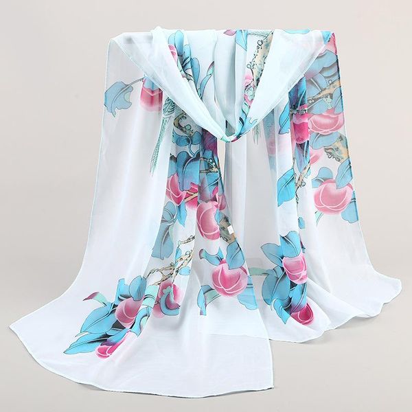 

scarves muslim spring printed magpie primula lady chiffon long silk scarf gift for elders and mother breathable 47*155cm headscarf, Blue;gray