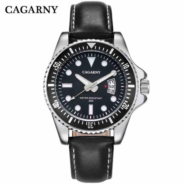 

wristwatches cagarny men quartz waterproof watches fashion brand clock stainless steel case calendar display real leather strap montre femme, Slivery;brown