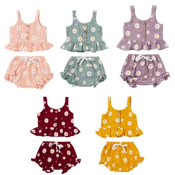 

summer lovely infant kids girls clothes sets 2pcs sunflowers print sleeveless single breasted vest shorts 5 color clothing, White