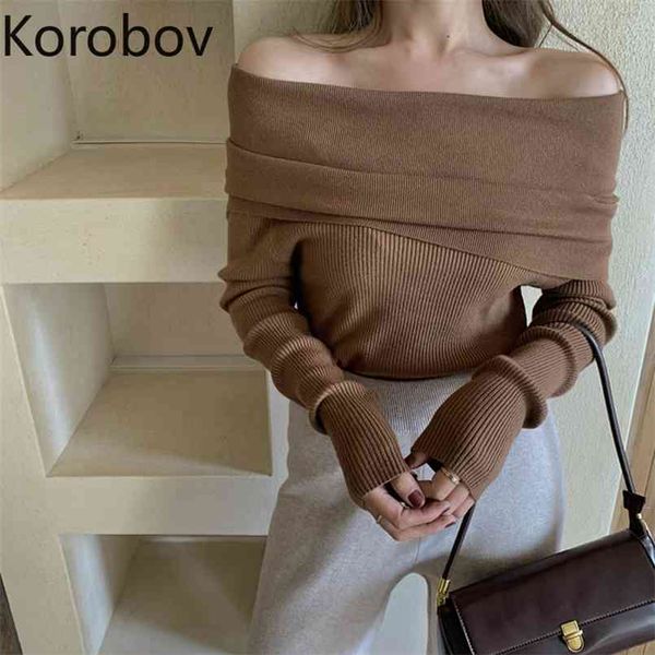 

korobov chic korean elegant solid sweaters vintage slash neck long sleeve sueter mujer autumn streetwear jumper 210914, White;black