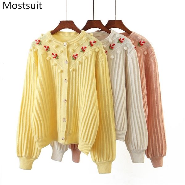 

autumn korean floral embroidered balls women cardigans long sleeve single-breasted vintage elegant laides sweaters 210514, White;black