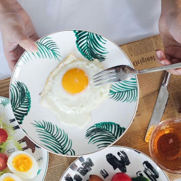 

dishes & plates 8 inch porcelain breakfast flat plate round ceramic western steak tableware decoration for kitchen (a)