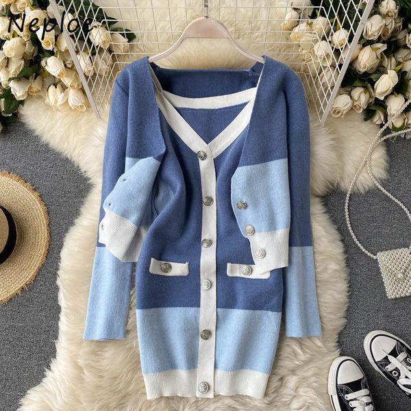 

neploe new suit chic button panelled stripes knitted cardigan women + v-neck camis dress fashion all-match 2 piece set 210423, White