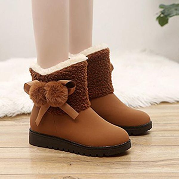 

boots female warm comfort shoes 2021 flock women suede ankle ladies fur snow flat plush bowknot slip on winter platform, Black