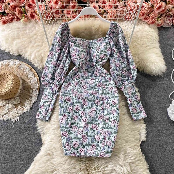 

two piece dress 2021 spring fashion women's vintage style floral print mini elegant square collar long sleeve party dytj, White