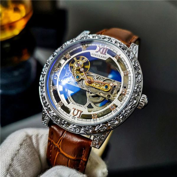 

wristwatches aokulasic automatic men's mechanical watches self winding hollow skeleton watch men waterproof luminous relojes para hombr, Slivery;brown