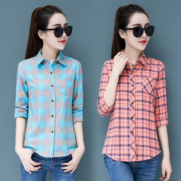 

spring women wild slim plaid shirt & blouse female long sleeve turn-down collar blouses plus size 5xl women's shirts, White