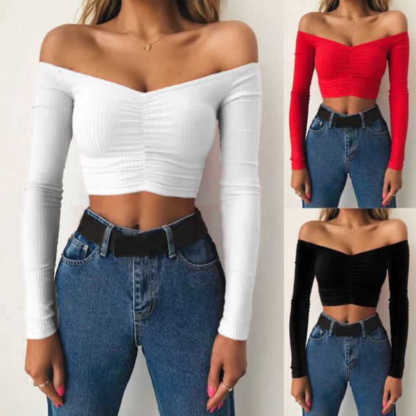 

bandage off shoulder women long sleeve shirt casual crop blouse slim, White