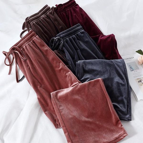 

women's pants & capris 2021 pleuche autumn winter trousers gold velvet floor length women casual high waist bell bottom wide leg, Black;white