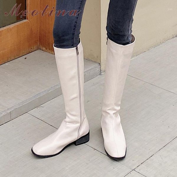 

boots meotina women long shoes real leather mid heel riding square toe zip chunky heels knee high autumn winter 401, Black