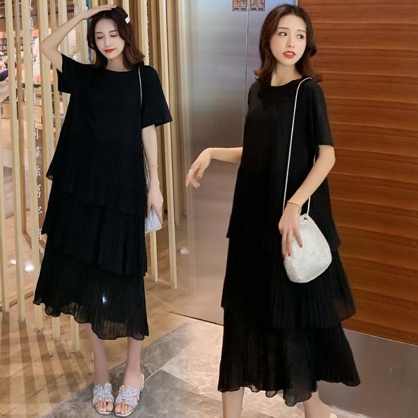 

maternity dresses summer korean fashion cotton patchwork pleated chiffon long dress clothes for pregnant women loose pregnancy, White
