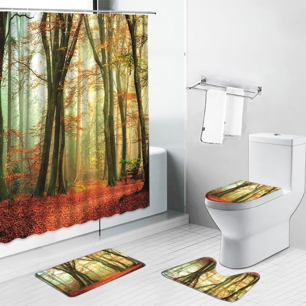 

shower curtains autumn landscape forest non-slip bath mat toilet lid cover rugs kitchen carpet home bathroom decor set with hook