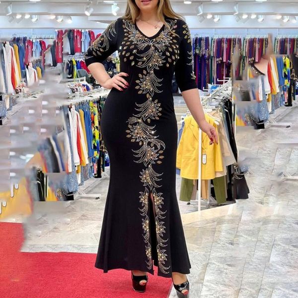 

plus size dresses sizes women 2021 summer autumn 3xl oversize ladies casual dress split v-neck fashion floral print female long, Black