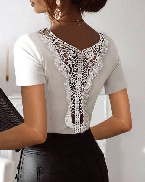 

women's t-shirt fashion casual commuter 2021 summer v-neck solid color thin lace short sleeves white