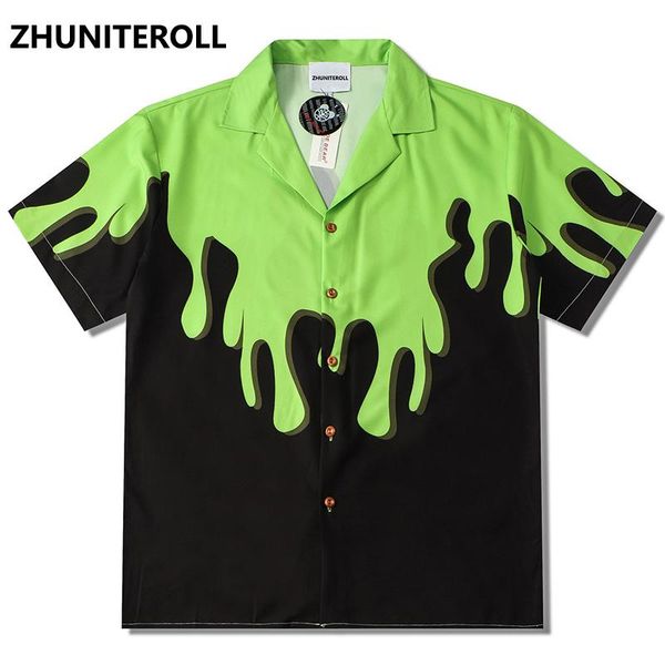 

men's casual shirts 2021 green paint print hawaiian beach hip hop button shirt mens summer fashion short sleeve holiday party blouse, White;black