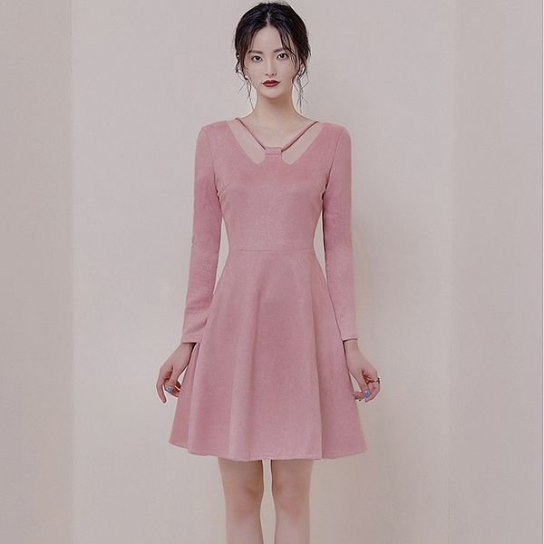 

llzacoosh autumn winter suede fabric party dress runway pink long sleeve hollow out ball gown dress vintage office vestidos 210514, Black;gray