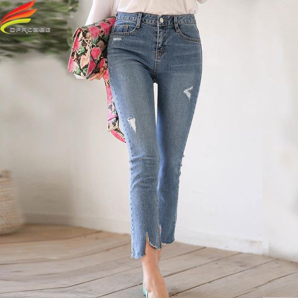 

women's jeans 2021 flare for women hole blue streetwear elegant comfortable pockets ankle-length pants denim trousers jean femme