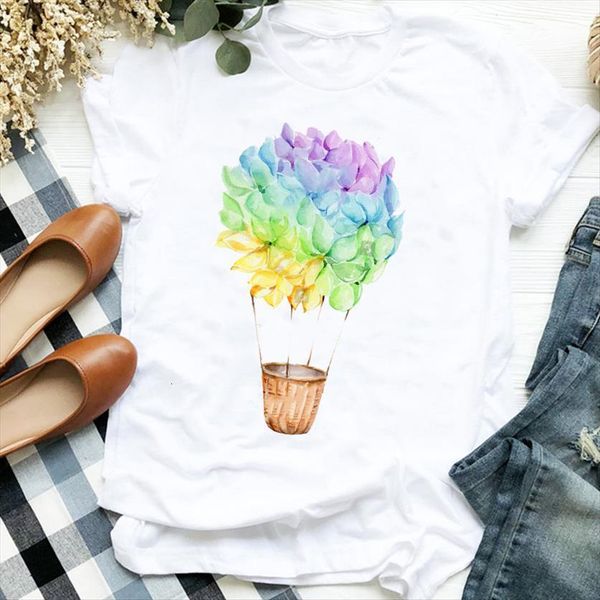 

90s floral balloon watercolor women t shirts beach fashion print tee clothes graphic, White