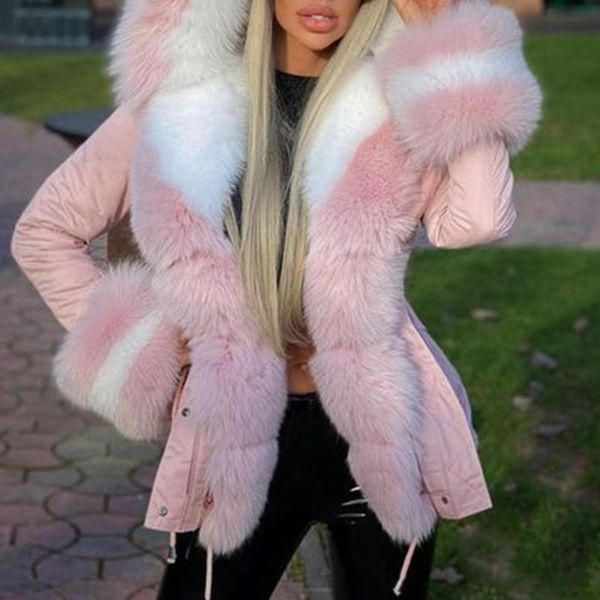 

women's down & parkas brand big fur collar winter coat women fashion warm thick loose casual hooded long sleeve faux jacket coats mujer, Black