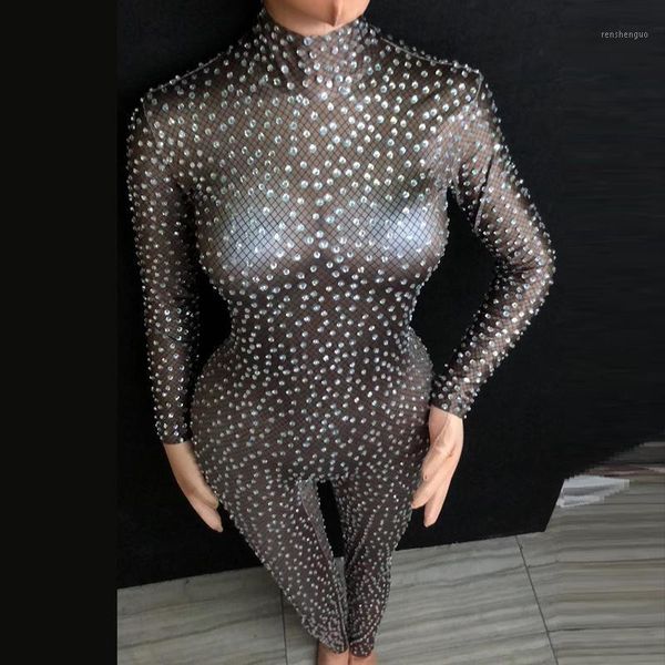 

full rhinestone jumpsuit womens black nightclub prom party jumpsuits singer dance stage rave festival costume high quality, Black;white