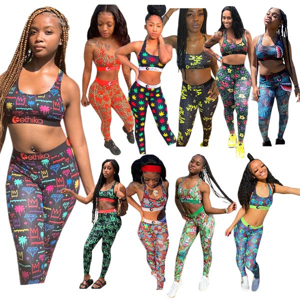 

summer women swimwear sleeveless vest tanks + pants leggings 2 piece outfits shark tiger print tracksuit fashion bra sports suit clothes, White