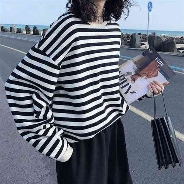 

qweek striped women's sweatshirt hoodies streetwear fashion korean style kpop gothic goth harajuku long sleeve spring 210816, Black
