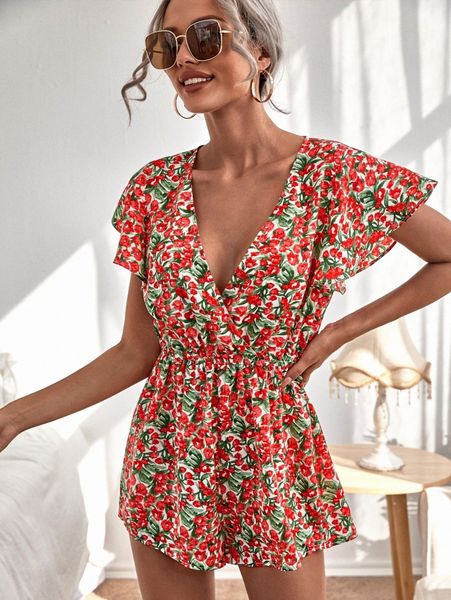 

allover floral surplice neck butterfly sleeve romper 84tr#, White