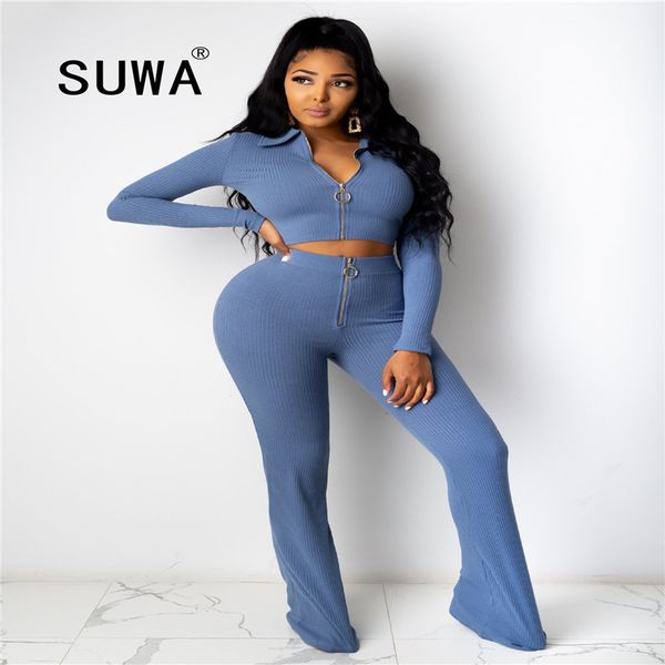 

knit solid matching sets autumn full sleeve zipper +pants outfits fashion fitness casual two piece set women clothing 210525, White