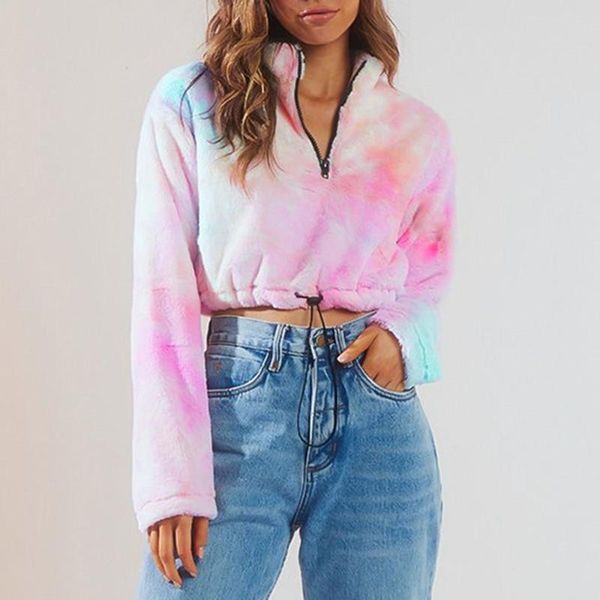 

women's hoodies & sweatshirts 2021 tie dye print long sleeve zipper turtleneck fashion faux fur crop autumn winter women streetwear ca, Black