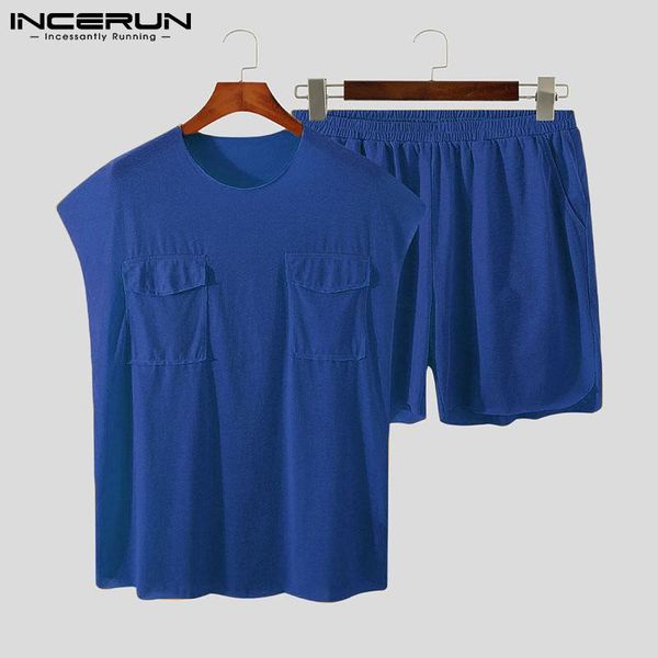 

jogging clothing summer men sets 2021 streetwear sleeveless pockets t shirts elastic waist shorts breathable solid color casual suits inceru, Black;red