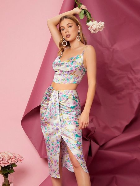 

allover floral print satin crop & draped skirt set z2gv#, White