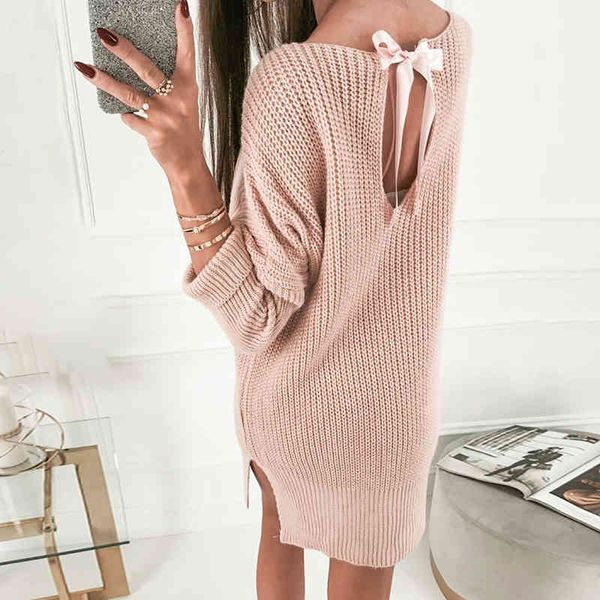 

women's sweaters 121014 pink knitted oversize women sweater winter slit short es backless female vestidos 43z5, White;black