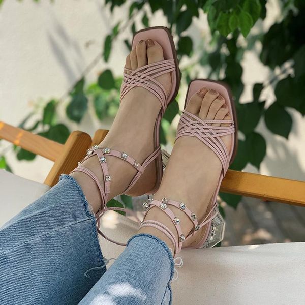 

dress shoes 2021 summer diamond transparent crystal heel strap sandals square head fairy wind ankle mid z896, Black