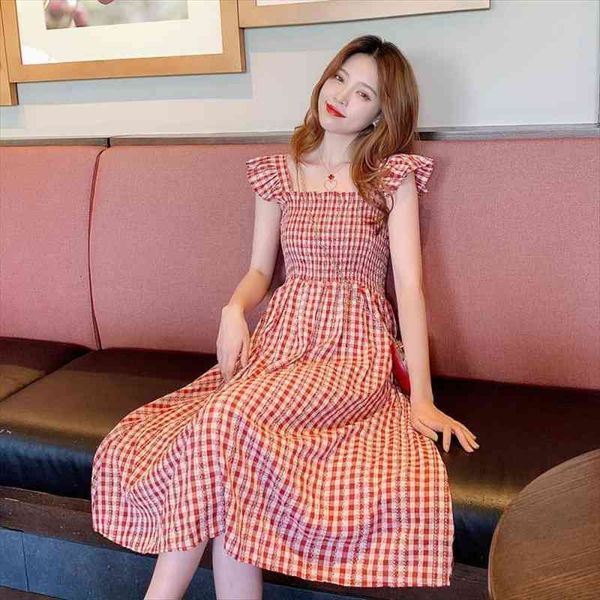 

checkered summer a-line elegant women dresses fashion butterfly sleeve girl suspander dress boob tube french style midi, Black;gray